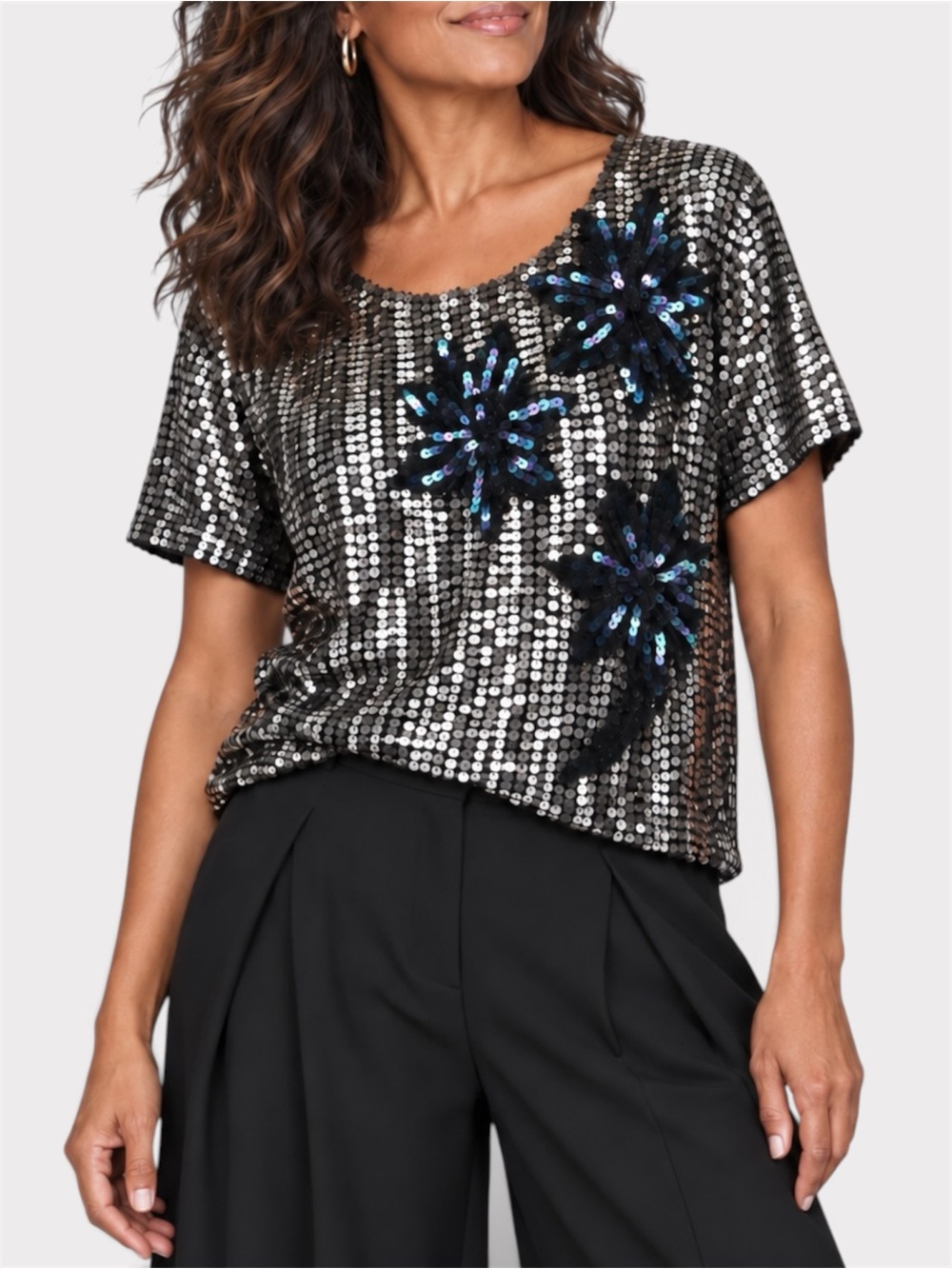 Vintage Black Silk Sequin Top With Beaded Floral Starburst Appliqué Medium